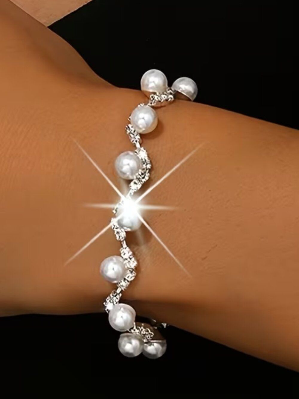 NWT Faux Pearl & Rhinestone Wavy Bracelet Elegant Stacking Statement Jewelry